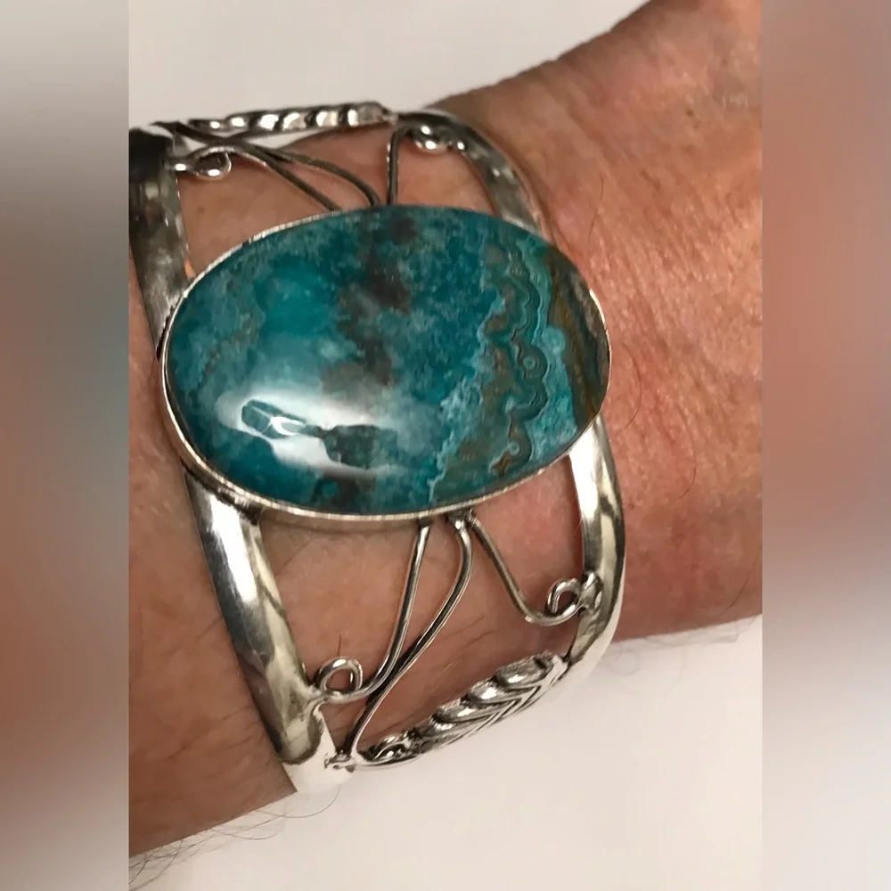 Chrysocolla Stamped Solid 925 Sterling Silver Cuff Bracelet